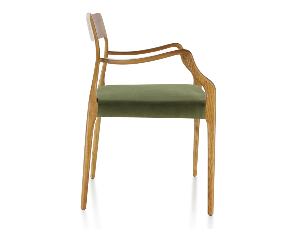 Scandinavian armchair with armrests cherry-stained wood, olive green fabric seat Scandinavian armchair with armrests cherry-stained wood, olive green fabric seat