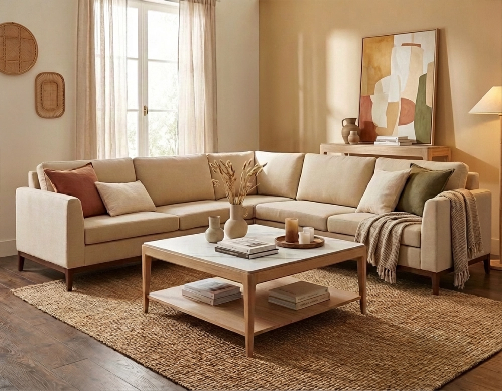 Table basse carrée en chêne et céramique avec tablette en bois teinte naturelle plateau céramique effet marbre blanc 100x100 cm