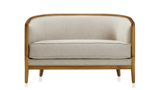 Canapé vintage 2 places bois teinte merisier et tissu beige naturel