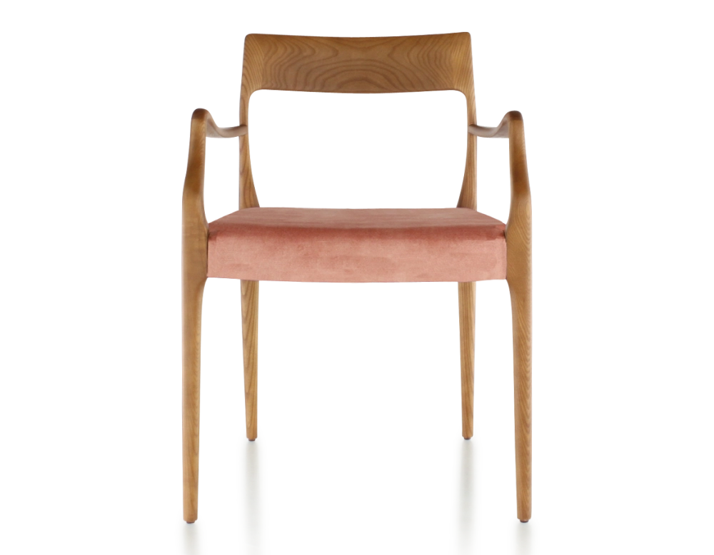 Scandinavian armchair with armrests cherry-stained wood, pale pink velvet seat Scandinavian armchair with armrests cherry-stained wood, pale pink velvet seat