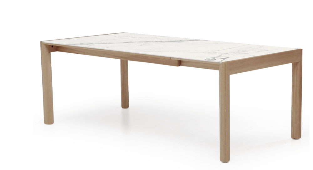 Table extensible 8 à 12 personnes en chêne et céramique allonges céramique bois teinte naturelle et céramique effet marbre blanc 160x100 cm