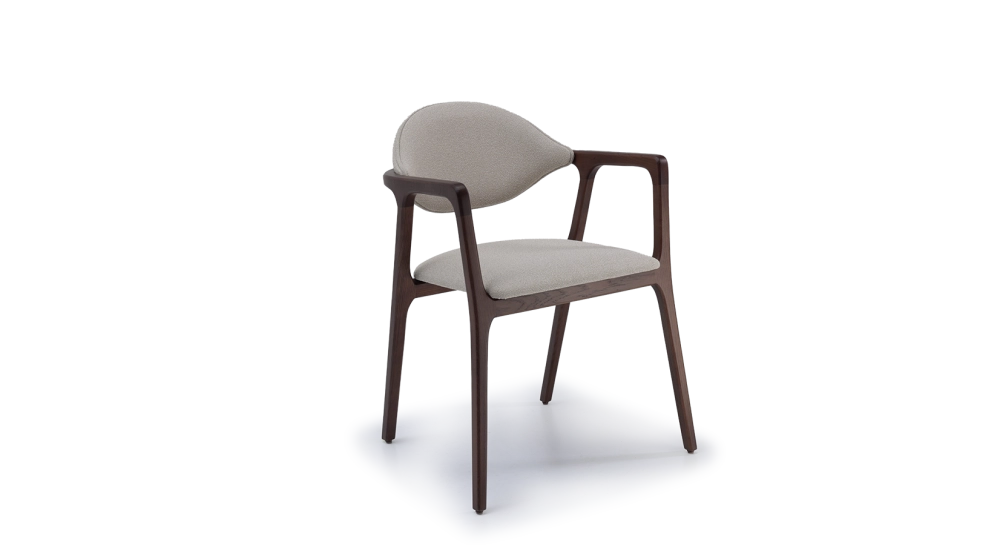 Chaise design avec accoudoirs en chêne bois teinte foncée et tissu gris Chaise design avec accoudoirs en chêne bois teinte foncée et tissu gris