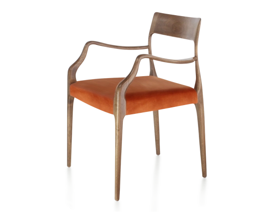 Scandinavian armchair with armrests walnut-stained wood, terracotta velvet seat