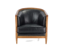 Fauteuil ancien accoudoirs moulurés bois teinte ancienne et cuir noir