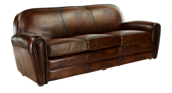 Canapé club cuir 3 places marron soutenu accoudoirs cloutés