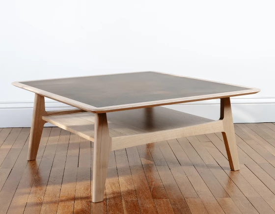 Table basse carrée en chêne naturel dessus céramique brune oxydée 100x100 cm