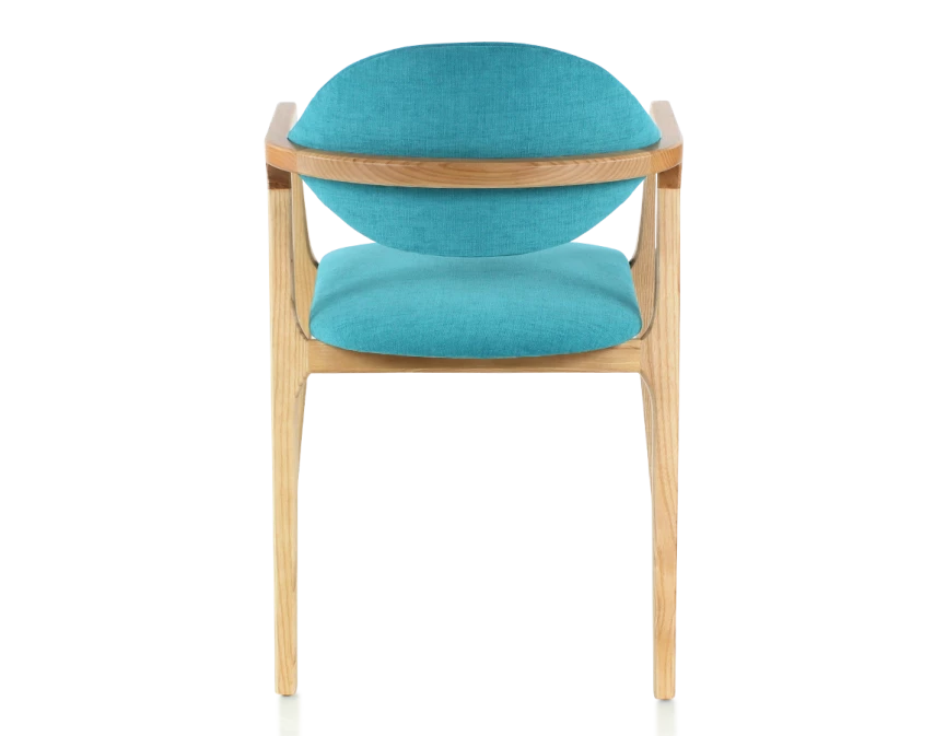 Chaise design avec accoudoirs bois teinte naturelle et tissu bleu turquoise