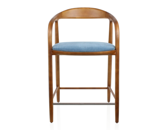 Tabouret de bar H60 cm bois teinte merisier et tissu bleu jean