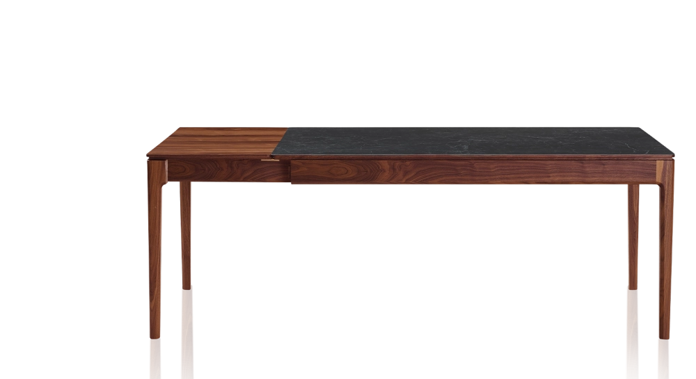 Table extensible 8 à 14 personnes en noyer et céramique allonges bois avec bois teinte naturelle et plateau céramique effet ardoise 210x100 cm Table extensible 8 à 14 personnes en noyer et céramique allonges bois avec bois teinte naturelle et plateau céramique effet ardoise 210x100 cm