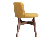 Chaise design bois teinte noyer assise tissu jaune