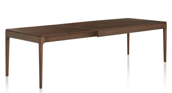 Extendable table for 8 to 12 people in oak and ceramic with wooden extensions with dark brown stained wood and oxidised brown ceramic top 160x100 cm
