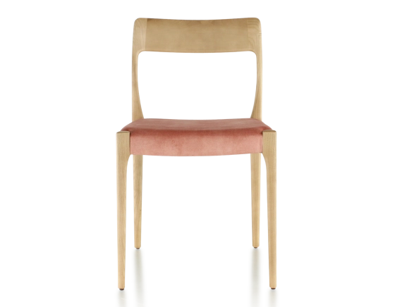 Chaise scandinave bois teinte naturelle assise tissu velours rose pâle