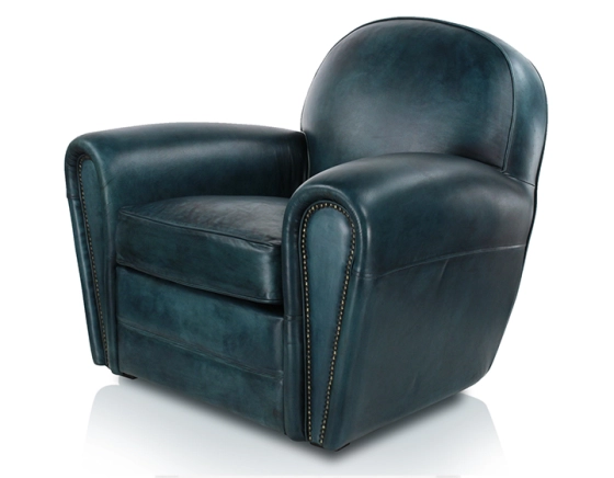 Fauteuil club cuir bleu accoudoirs passepoil