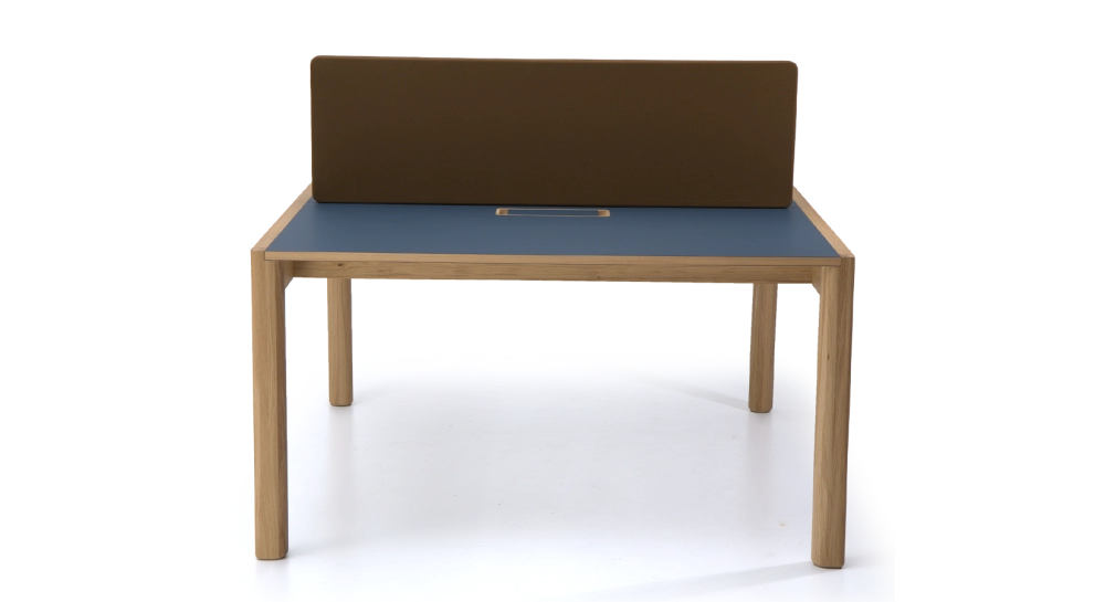 Bureau bench 2 postes chêne teinte naturelle plateau fenix bleu foncé 140x160 Bureau bench 2 postes chêne teinte naturelle plateau fenix bleu foncé 140x160