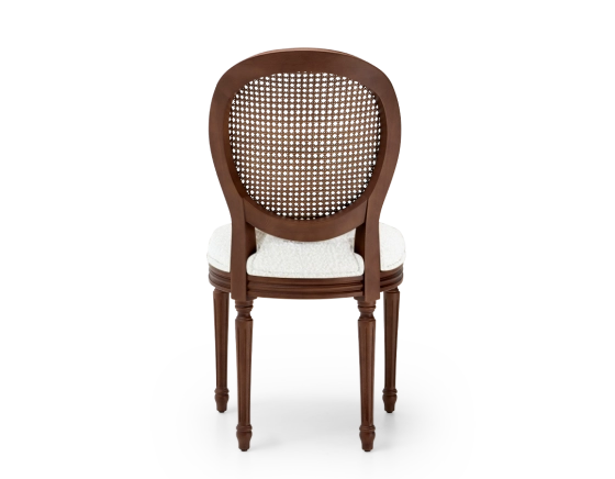 Chaise ancienne style Louis XVI bois teinte marron foncée dossier canné assise tissu bouclé blanc