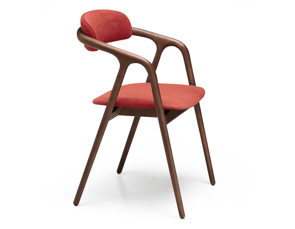 Chaise scandinave bois teinte noyer assise tissu beige orange brulé Chaise scandinave bois teinte noyer assise tissu beige orange brulé