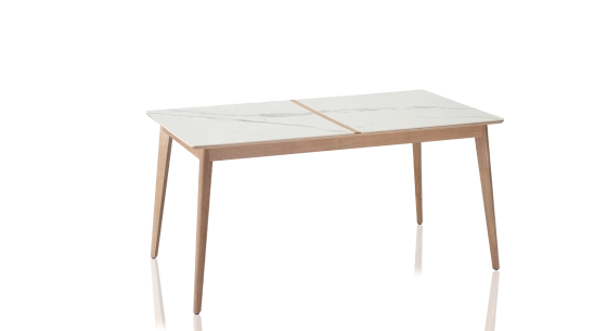 Table extensible 8 à 10 personnes en chêne et céramique allonges bois avec bois teinte naturelle et plateau céramique effet marbre blanc 180x90 cm