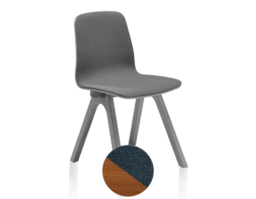 Chaise design en chêne tapissé bois teinte merisier assise tissu bleu