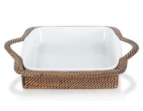 Plat porcelaine carré avec support en fleur de rotin grand modèle