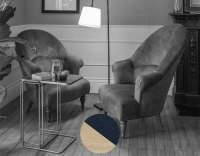 Toad armchair with armrests natural wood stain legs and navy blue high back fabric Toad armchair with armrests natural wood stain legs and navy blue high back fabric