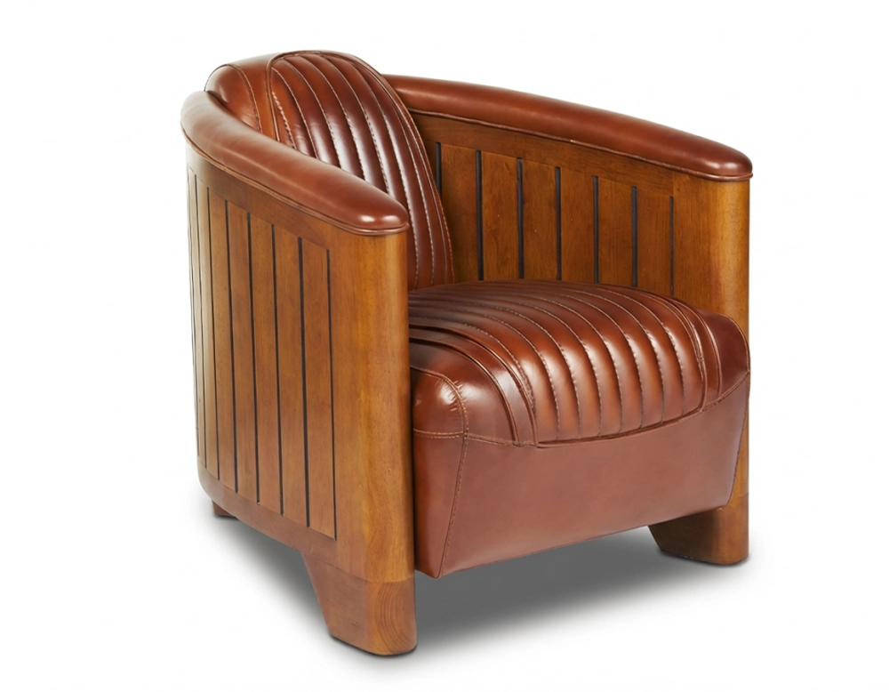 Fauteuil club bois et cuir marron vintage