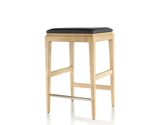 H60 cm designer bar stool natural tint wood, ebony leather seat