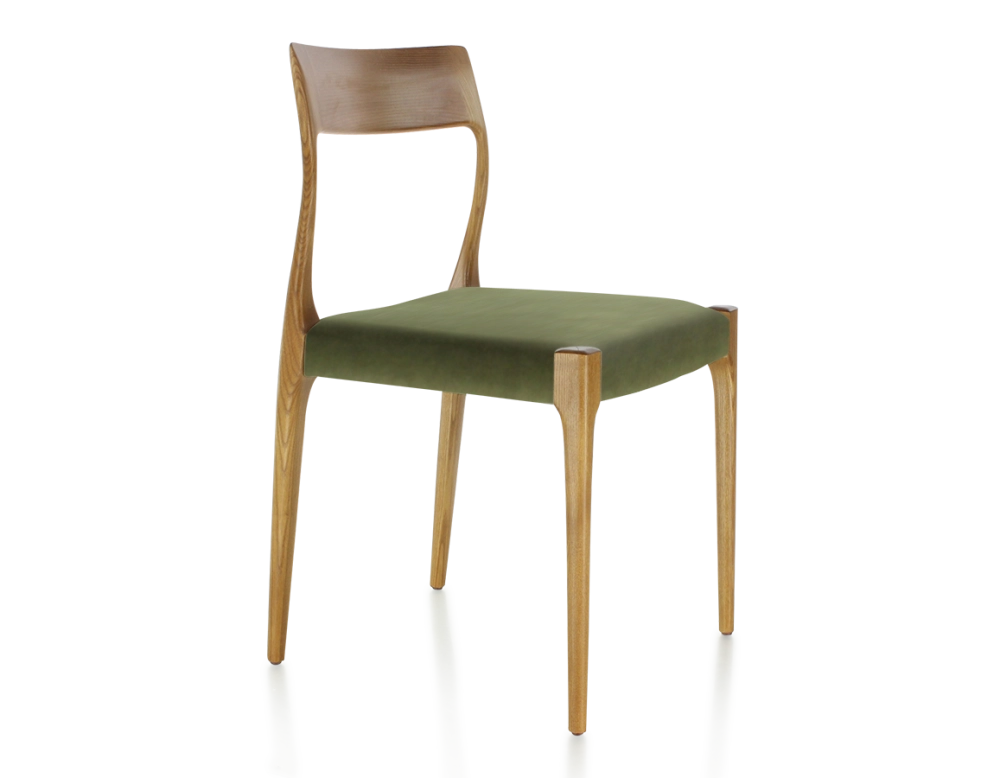 Scandinavian chair cherry-stained wood, olive green fabric seat Scandinavian chair cherry-stained wood, olive green fabric seat