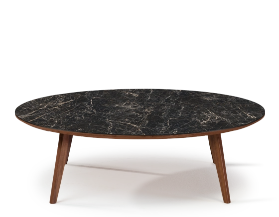 Table basse ronde F1 en noyer et céramique bois teinte naturelle plateau céramique effet marbre noir m2 100x100x30 cm