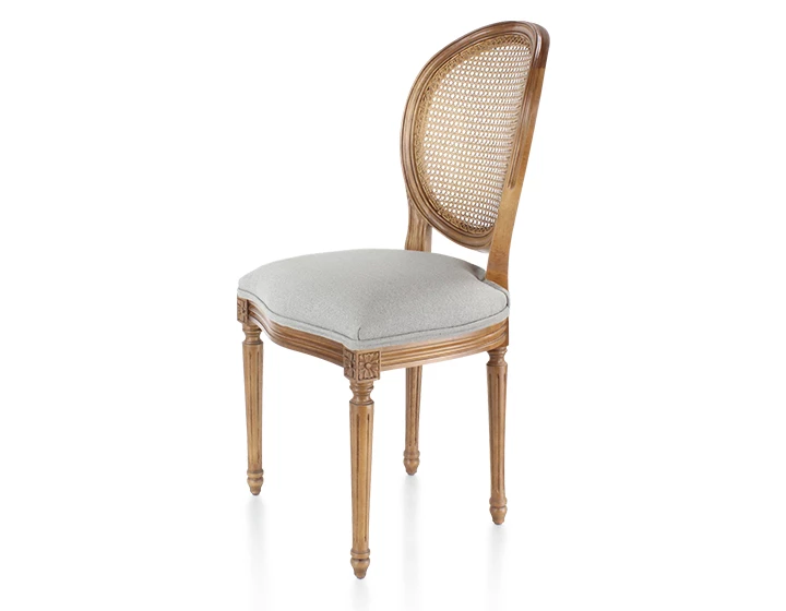 Chaise ancienne style Louis XVI bois teinte ancienne dossier canné assise tissu gris clair