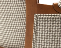 Louis XVI style bergère armchair wood antique stain and white and taupe houndstooth fabric Louis XVI style bergère armchair wood antique stain and white and taupe houndstooth fabric