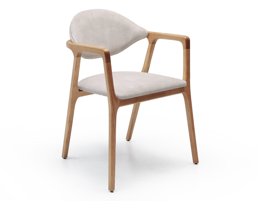 Designer armchair natural wood finish and sand velvet fabric Designer armchair natural wood finish and sand velvet fabric