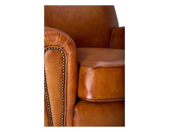 Leather club armchair light brown studded armrests