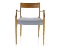 Scandinavian armchair with armrests cherry-stained wood, blue chevron fabric seat Scandinavian armchair with armrests cherry-stained wood, blue chevron fabric seat