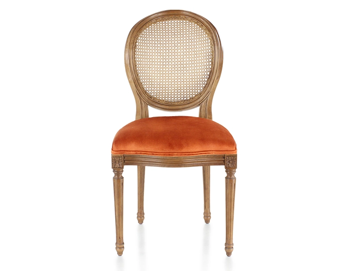 Chaise ancienne style Louis XVI bois teinte ancienne dossier canné assise tissu velours terracotta Chaise ancienne style Louis XVI bois teinte ancienne dossier canné assise tissu velours terracotta