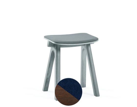 Tabouret en chêne tapissé H45 cm bois teinte marron foncé assise tissu bleu marine