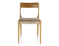 Chaise scandivave bois teinte merisier assise tissu velours taupe clair