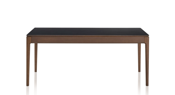 Table salle à manger en chêne et céramique 8 personnes avec bois teinte marron foncé et plateau céramique noir unie 180x100 cm