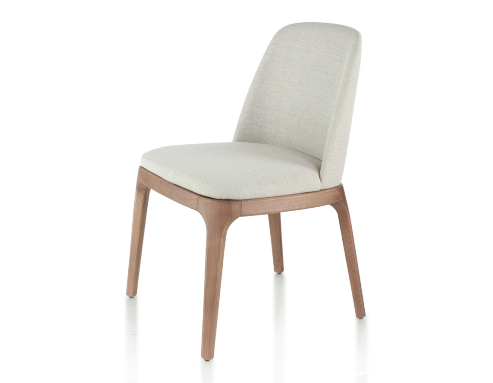 Chaise design bois teinte noyer et tissu beige naturel Chaise design bois teinte noyer et tissu beige naturel