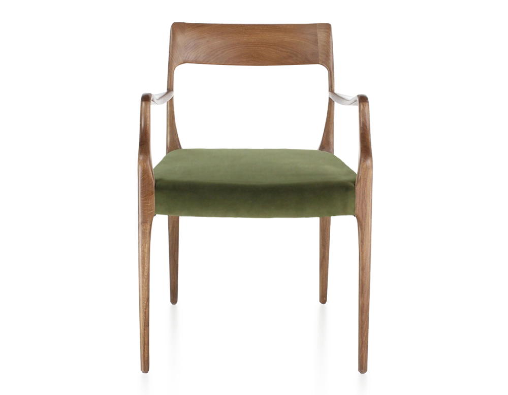 Chaise scandinave avec accoudoirs bois teinte noyer assise tissu vert olive Chaise scandinave avec accoudoirs bois teinte noyer assise tissu vert olive