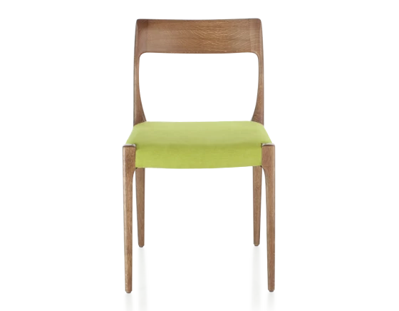 Chaise scandivave bois teinte noyer assise tissu vert pomme