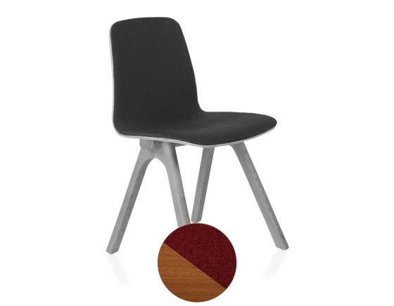 Upholstered oak designer chair cherry wood stain burgundy fabric seat
