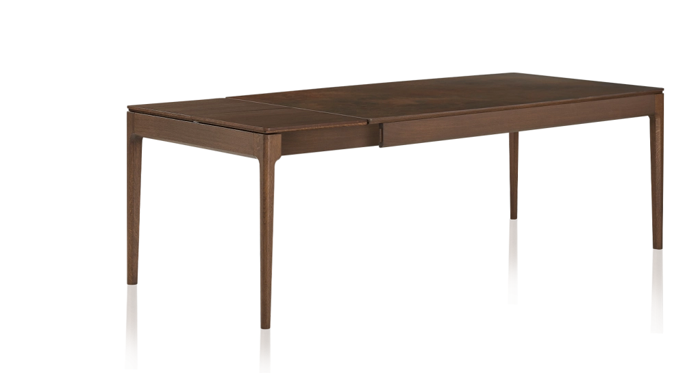 Table extensible 6 à 10 personnes en chêne et céramique allonges bois avec bois teinte marron foncé et plateau céramique brun oxydé 140x90 cm Table extensible 6 à 10 personnes en chêne et céramique allonges bois avec bois teinte marron foncé et plateau céramique brun oxydé 140x90 cm