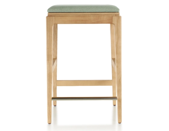 H60 cm designer bar stool natural tint wood, sage green leather seat