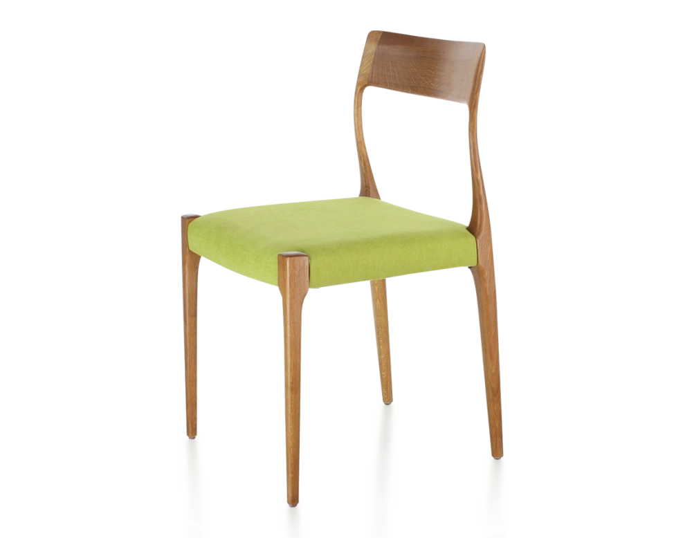 Chaise scandinave bois teinte merisier assise tissu vert pomme Chaise scandinave bois teinte merisier assise tissu vert pomme