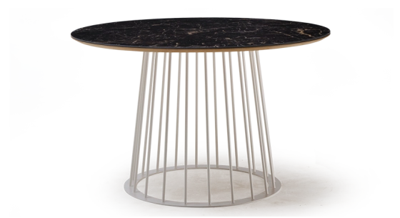 Round dining table in oak and ceramic. white metal base and black marble-effect ceramic top m3 120x120