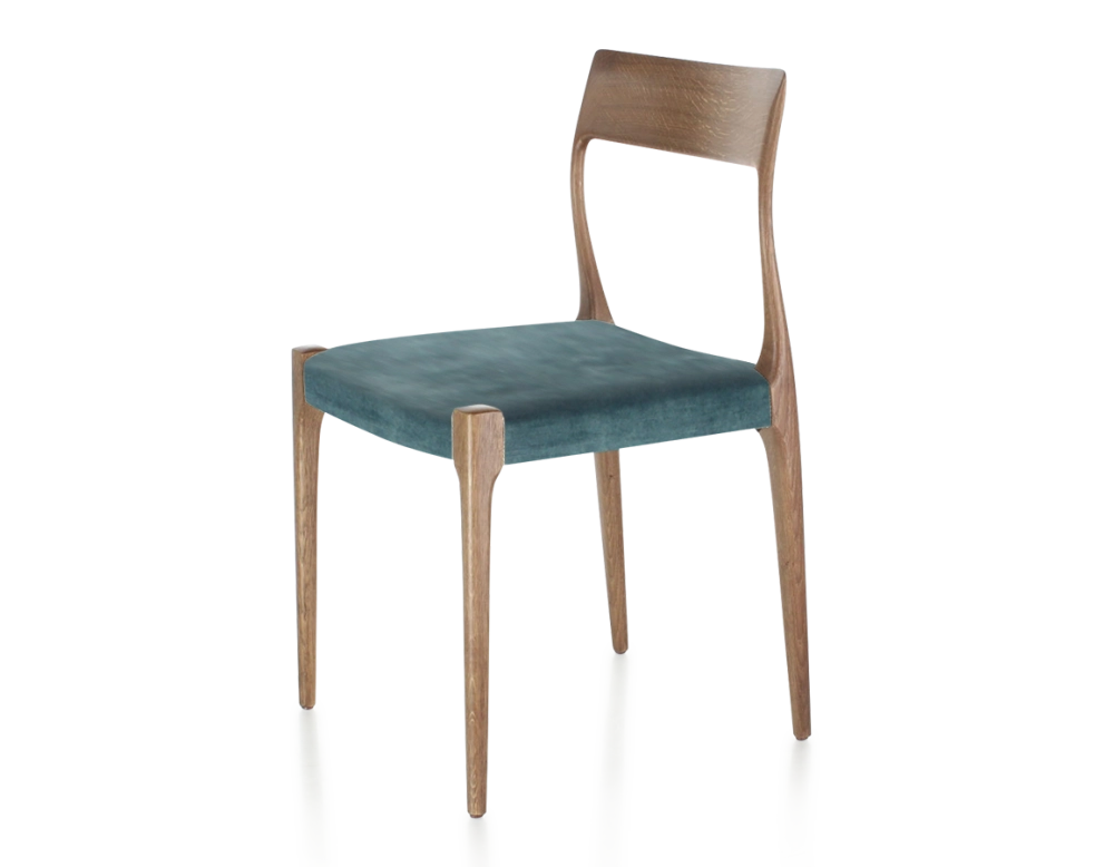 Chaise scandinave bois teinte noyer assise tissu velours bleu pétrole Chaise scandinave bois teinte noyer assise tissu velours bleu pétrole