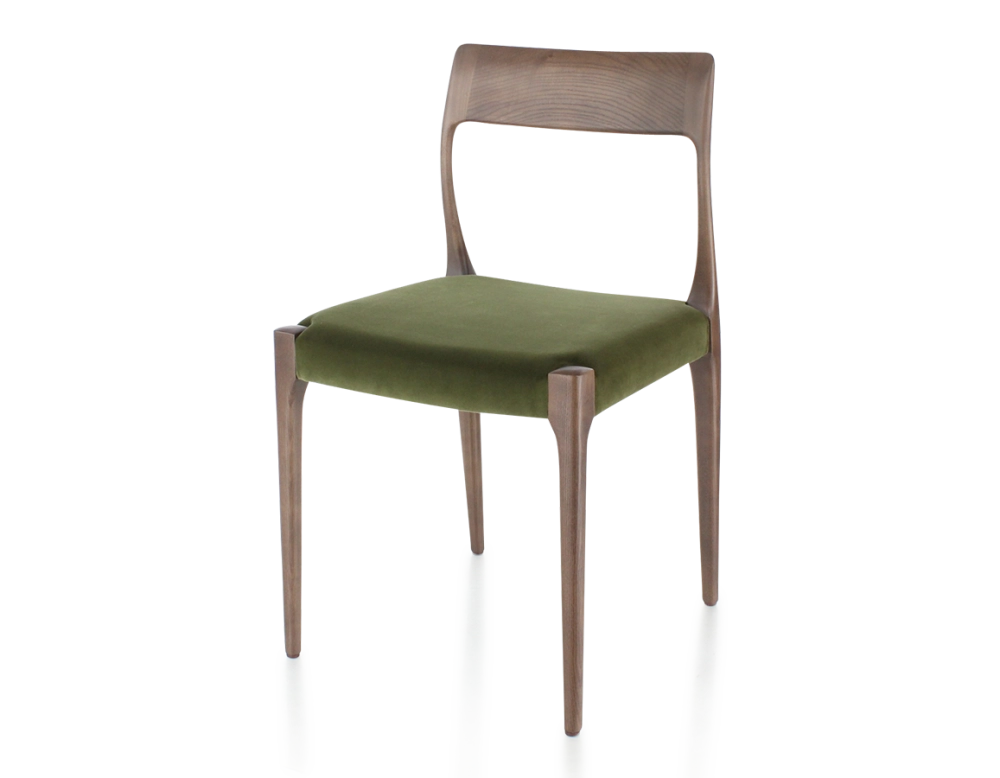 Chaise scandinave bois teinte marron foncé assise tissu vert olive Chaise scandinave bois teinte marron foncé assise tissu vert olive