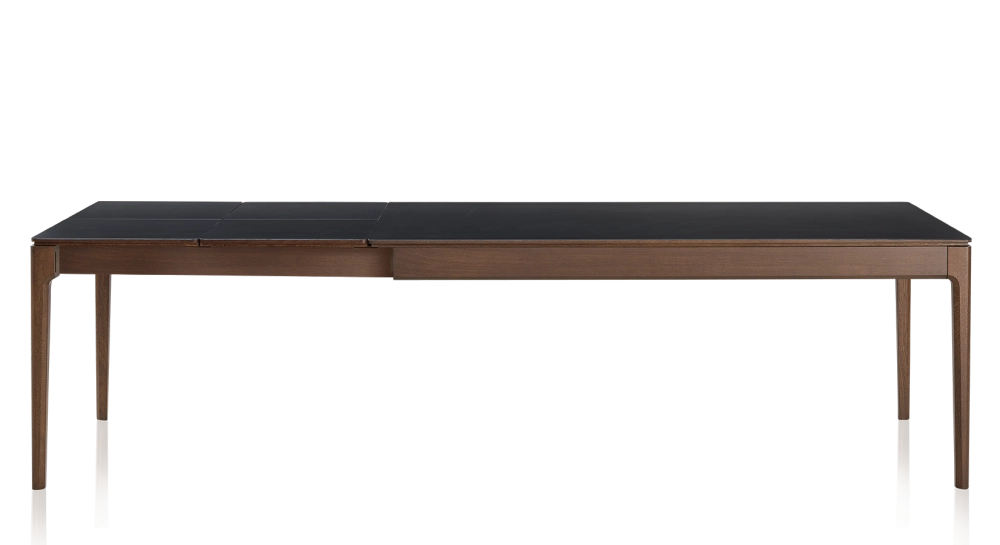 Table extensible 8 à 14 personnes en chêne et céramique allonges céramique avec bois teinte marron foncé et plateau et allonges céramique noire unie 210x100 cm