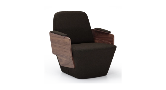 Armchair with armrests design natural walnut frame with anthracite grey fabric seat.