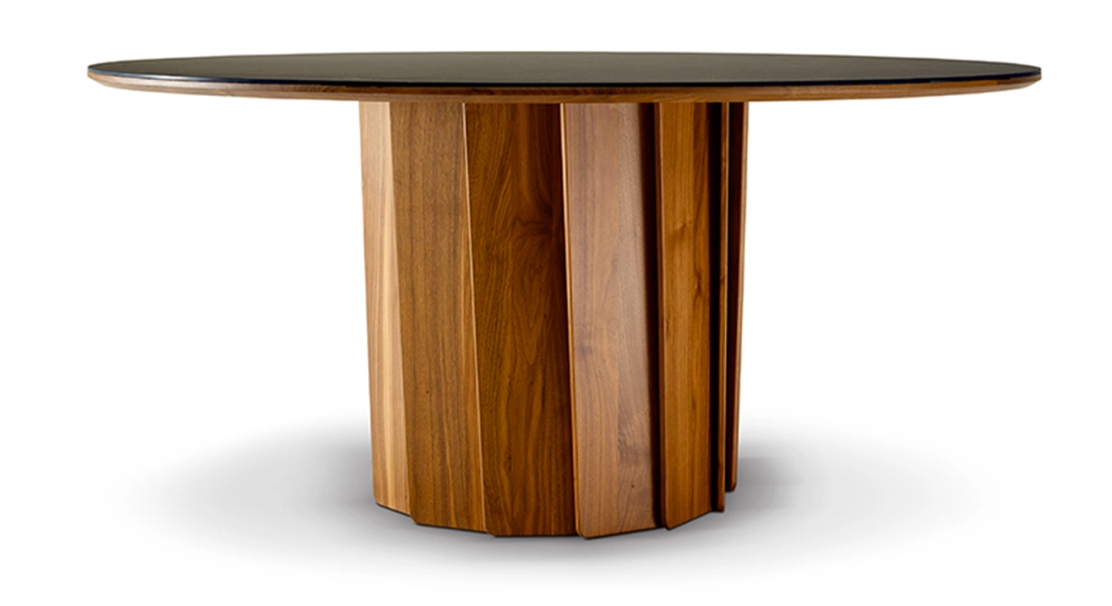 Table salle à manger ronde 6 personnes en noyer et céramique teinte naturelle plateau effet ardoise 140 cm Table salle à manger ronde 6 personnes en noyer et céramique teinte naturelle plateau effet ardoise 140 cm